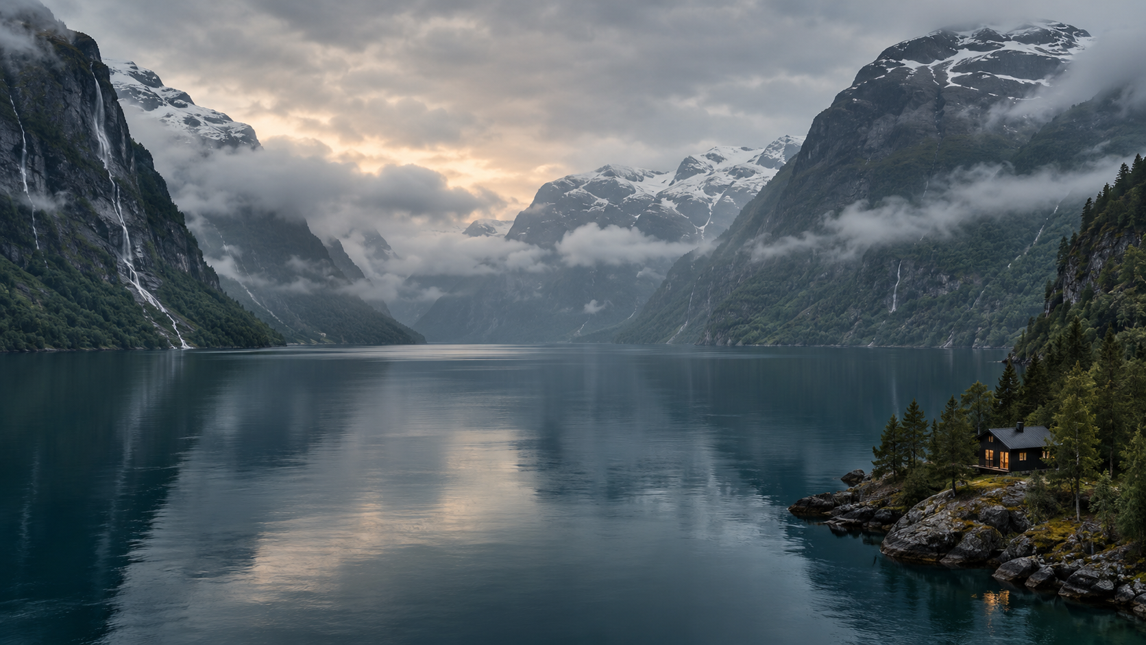 A still Nordic fjord framed by misty forested mountains